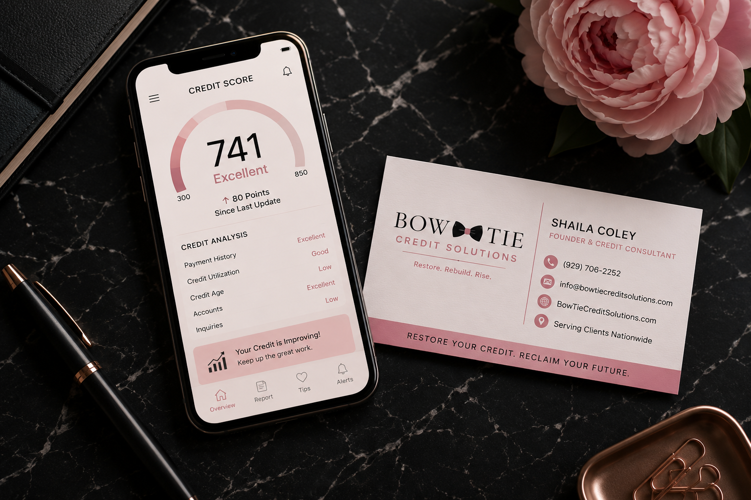 Bow Tie Credit Solutions business card and credit score app on black marble with blush peony